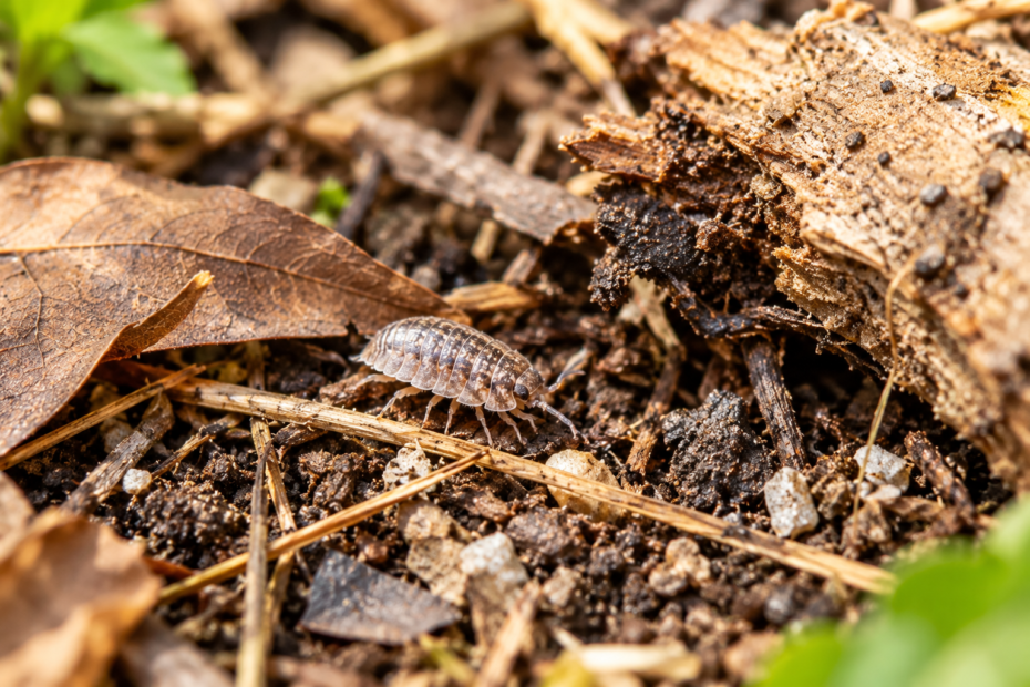 A pill bug exploring decomposing leaves and soil in its natural garden habitat